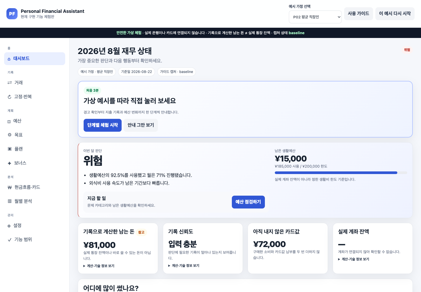 P02 평균 직장인의 홈에 3분 체험 카드, 위험 상태, 이번 달 생활비, 기록 신뢰도와 남은 카드값이 표시된 화면