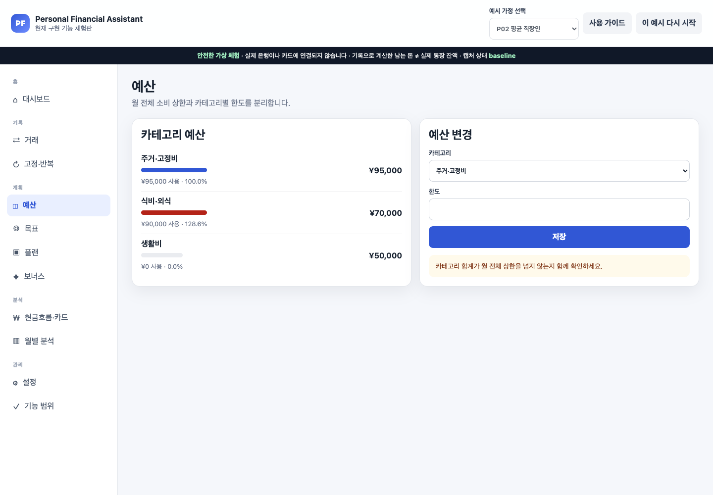 P02의 카테고리별 예산과 현재 사용률이 진행 막대로 표시된 기본 예산 화면