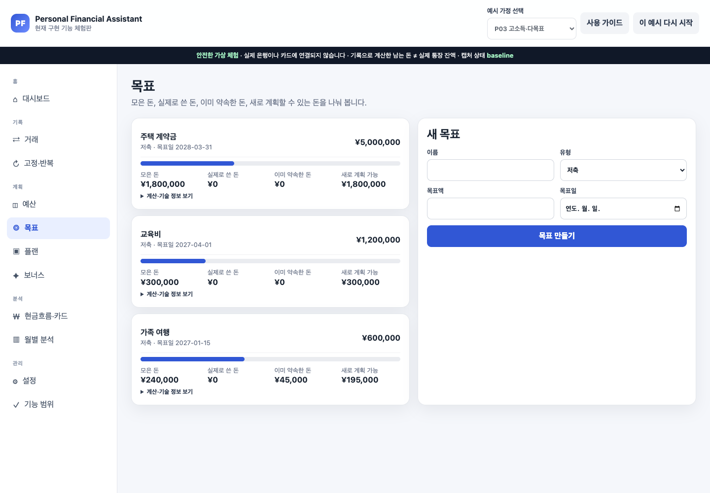 P03의 주택 계약금, 교육비, 가족 여행 목표에 목표액과 모은 돈 실제 사용 이미 약속한 돈 새로 계획 가능한 금액이 표시된 화면