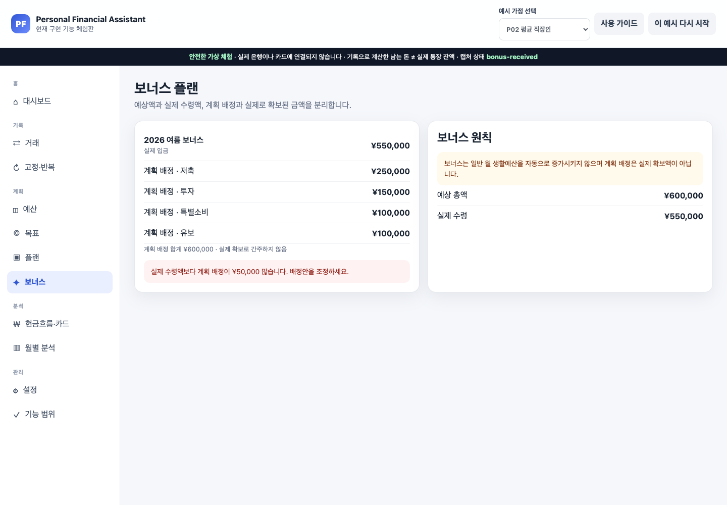 P02 보너스 실제 입금액 550000엔을 기록해 계획 배정 대비 50000엔 부족 경고가 표시된 화면